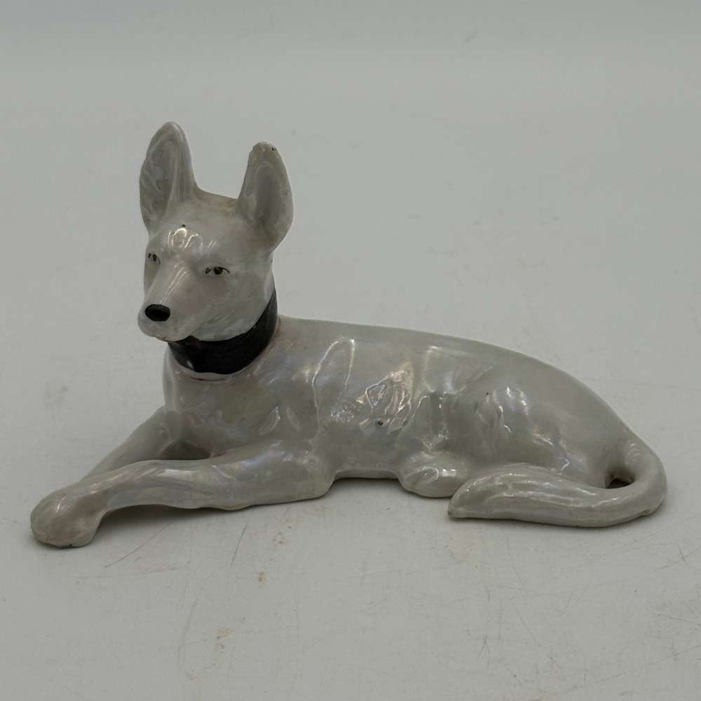 Vintage Lusterware Dog Figurine Reclining German Shepherd Made in Japan White